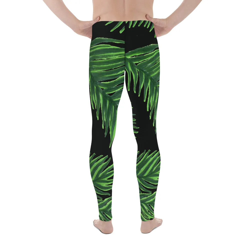 Green Tropical Leaf Meggings, Best Premium Quality Hawaiian Premium Black Men's Leggings-Made in USA/EU