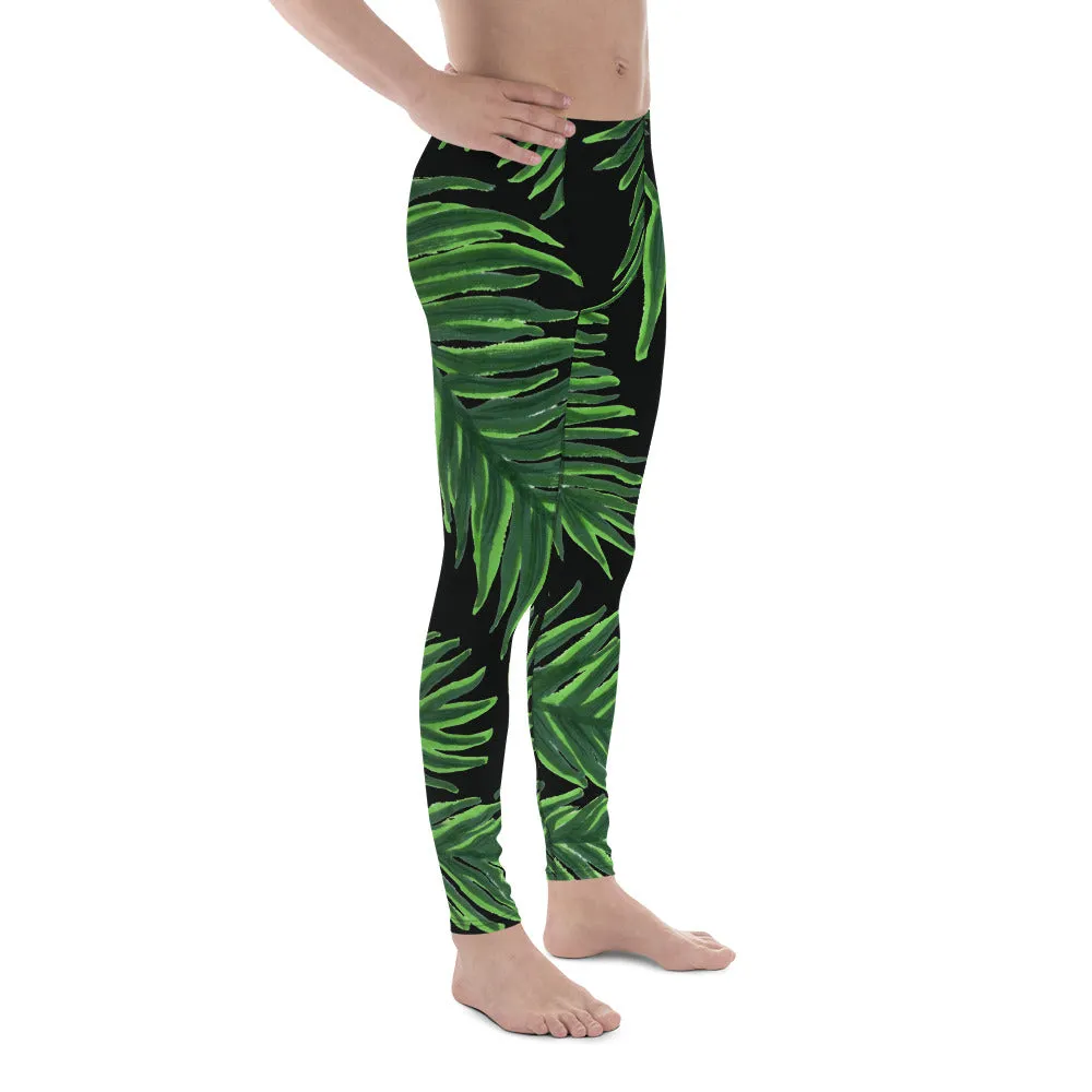 Green Tropical Leaf Meggings, Best Premium Quality Hawaiian Premium Black Men's Leggings-Made in USA/EU