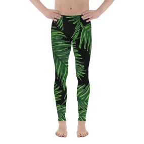 Green Tropical Leaf Meggings, Best Premium Quality Hawaiian Premium Black Men's Leggings-Made in USA/EU