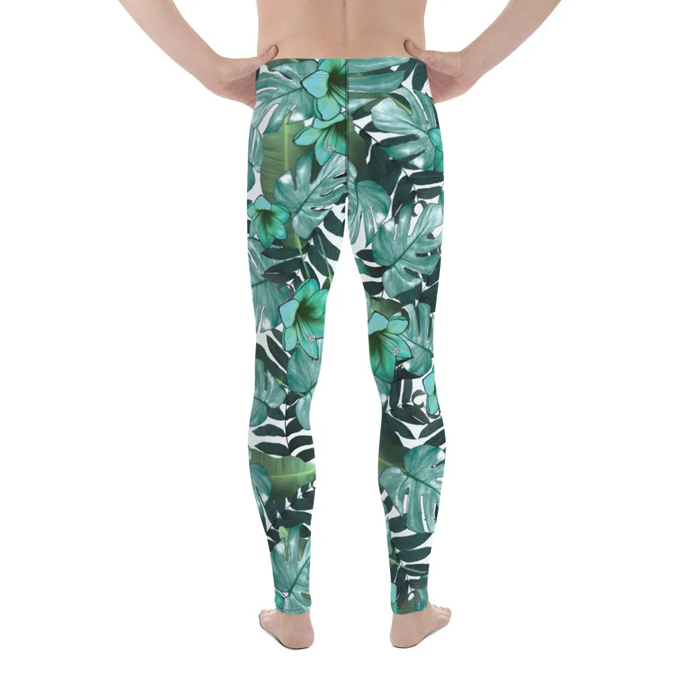 Green Tropical Leaf Meggings, Hawaiian Men's Leggings Compression Tights-Made in USA/EU