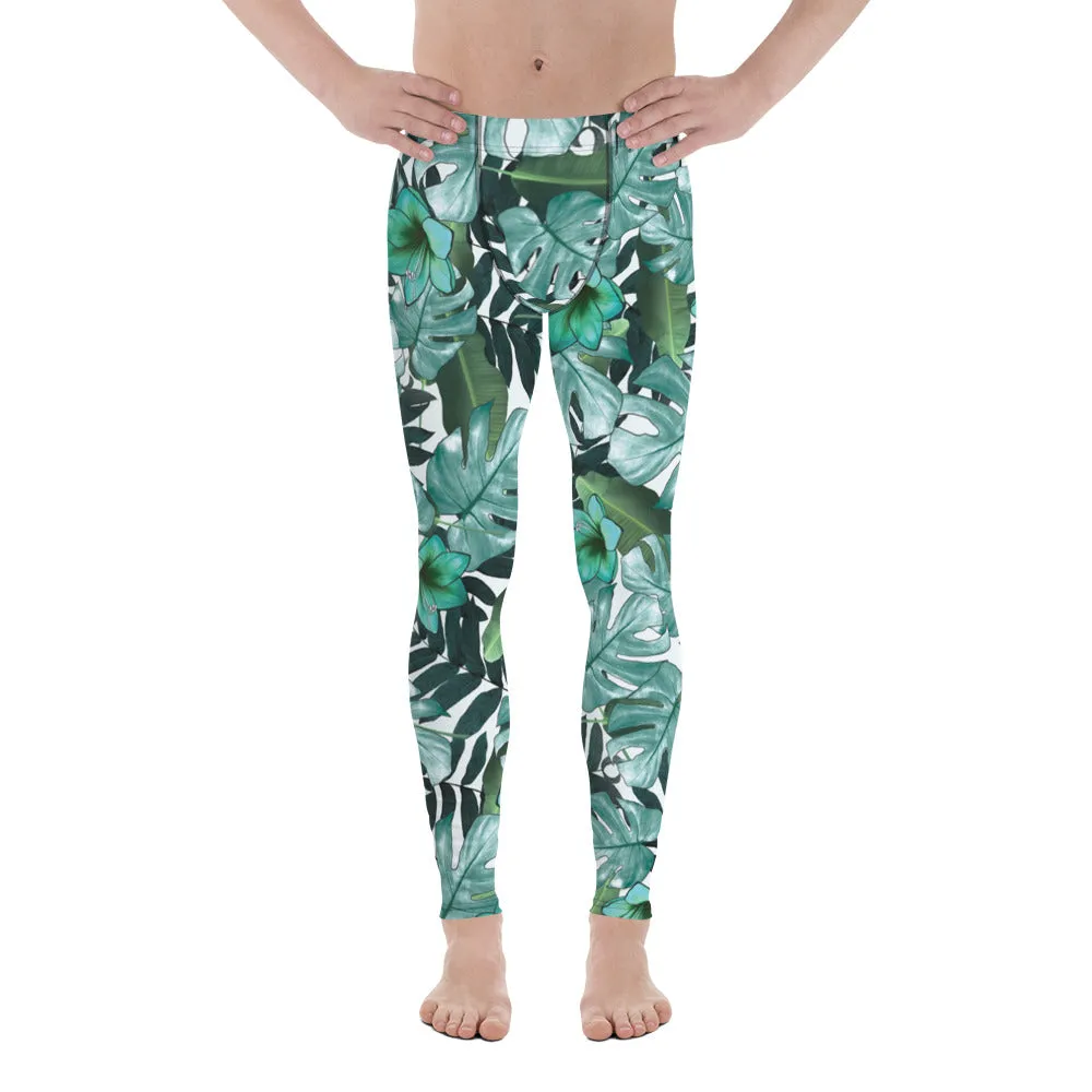 Green Tropical Leaf Meggings, Hawaiian Men's Leggings Compression Tights-Made in USA/EU