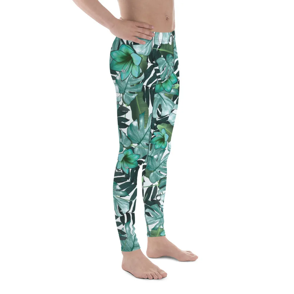 Green Tropical Leaf Meggings, Hawaiian Men's Leggings Compression Tights-Made in USA/EU