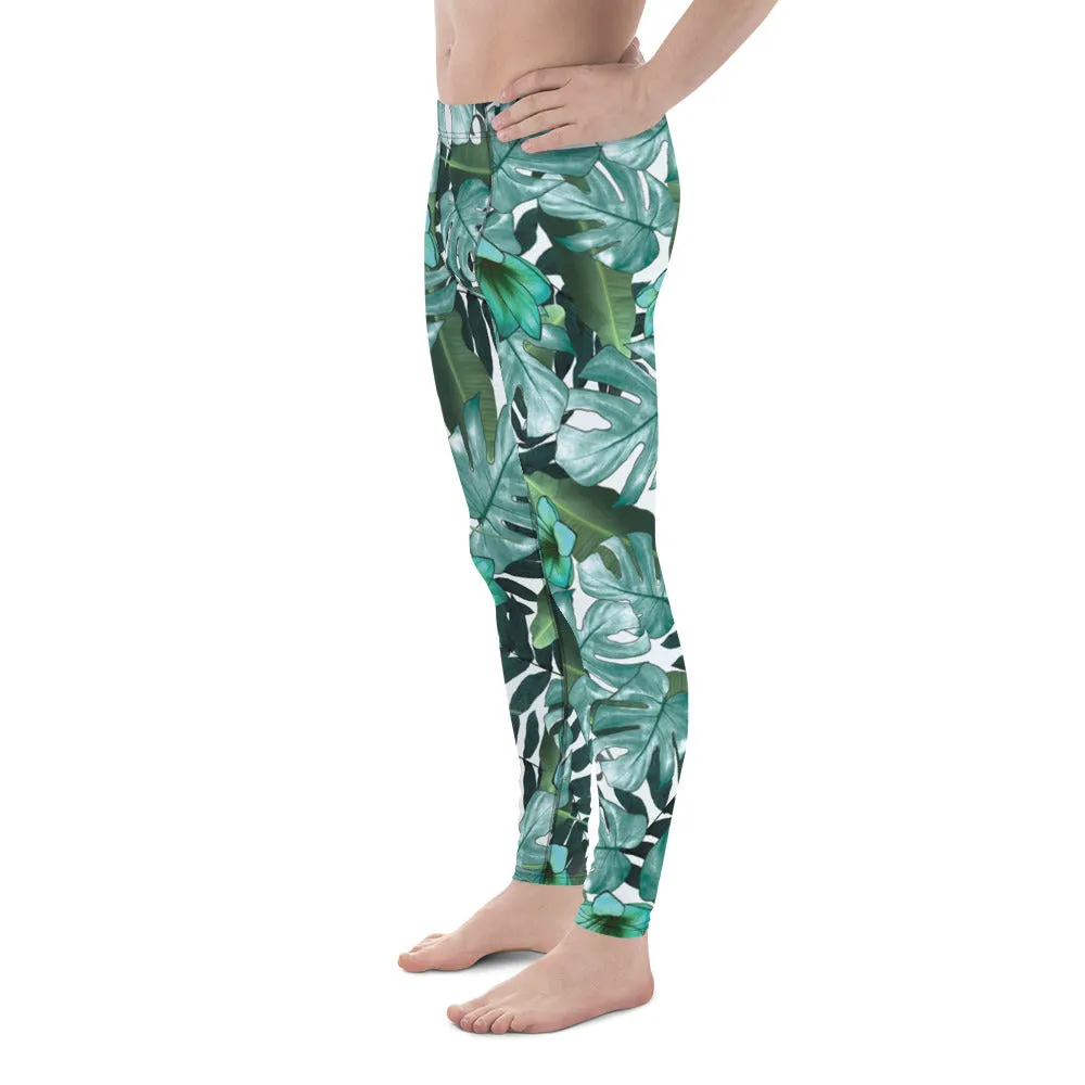 Green Tropical Leaf Meggings, Hawaiian Men's Leggings Compression Tights-Made in USA/EU