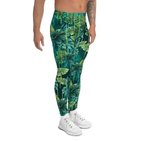 Green Tropical Leaf Men's Leggings, Floral Botanical Print Meggings Tights-Made in USA/EU