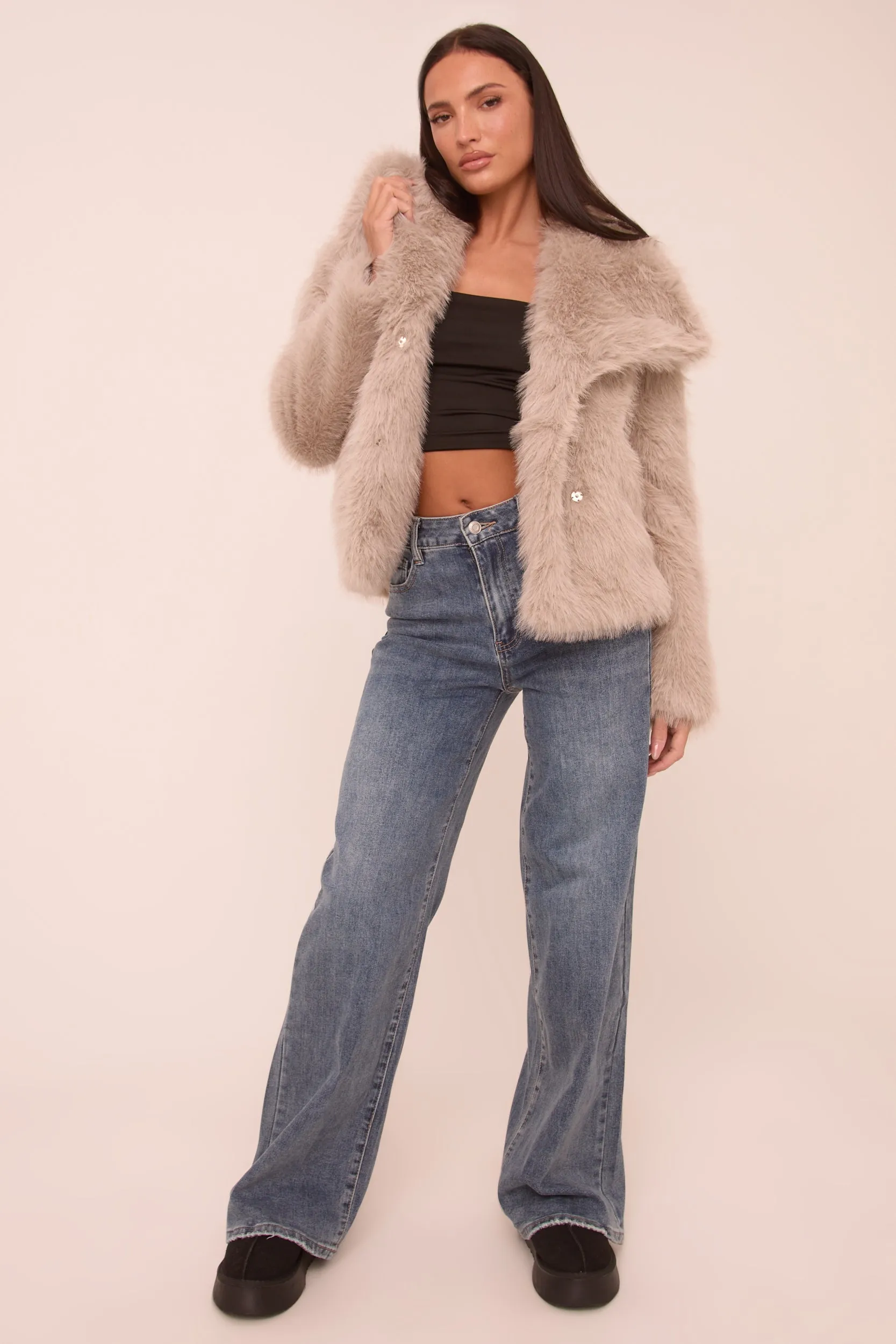 Grey Faux Fur Long Sleeves Oversized Cropped Jacket - Inaya