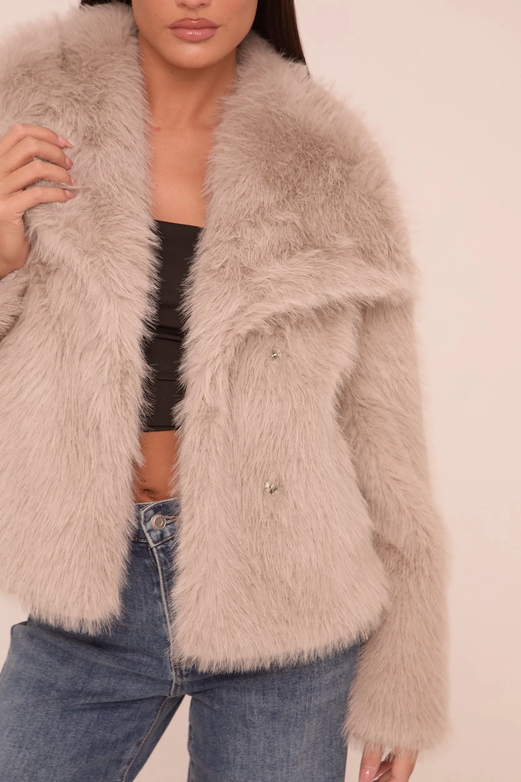 Grey Faux Fur Long Sleeves Oversized Cropped Jacket - Inaya