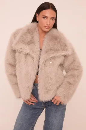 Grey Faux Fur Long Sleeves Oversized Cropped Jacket - Inaya