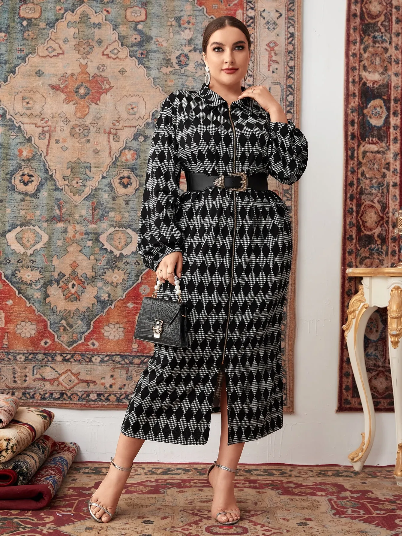 Houndstooth Belted Long Sleeve Collar Long Plus Size Winter Coat