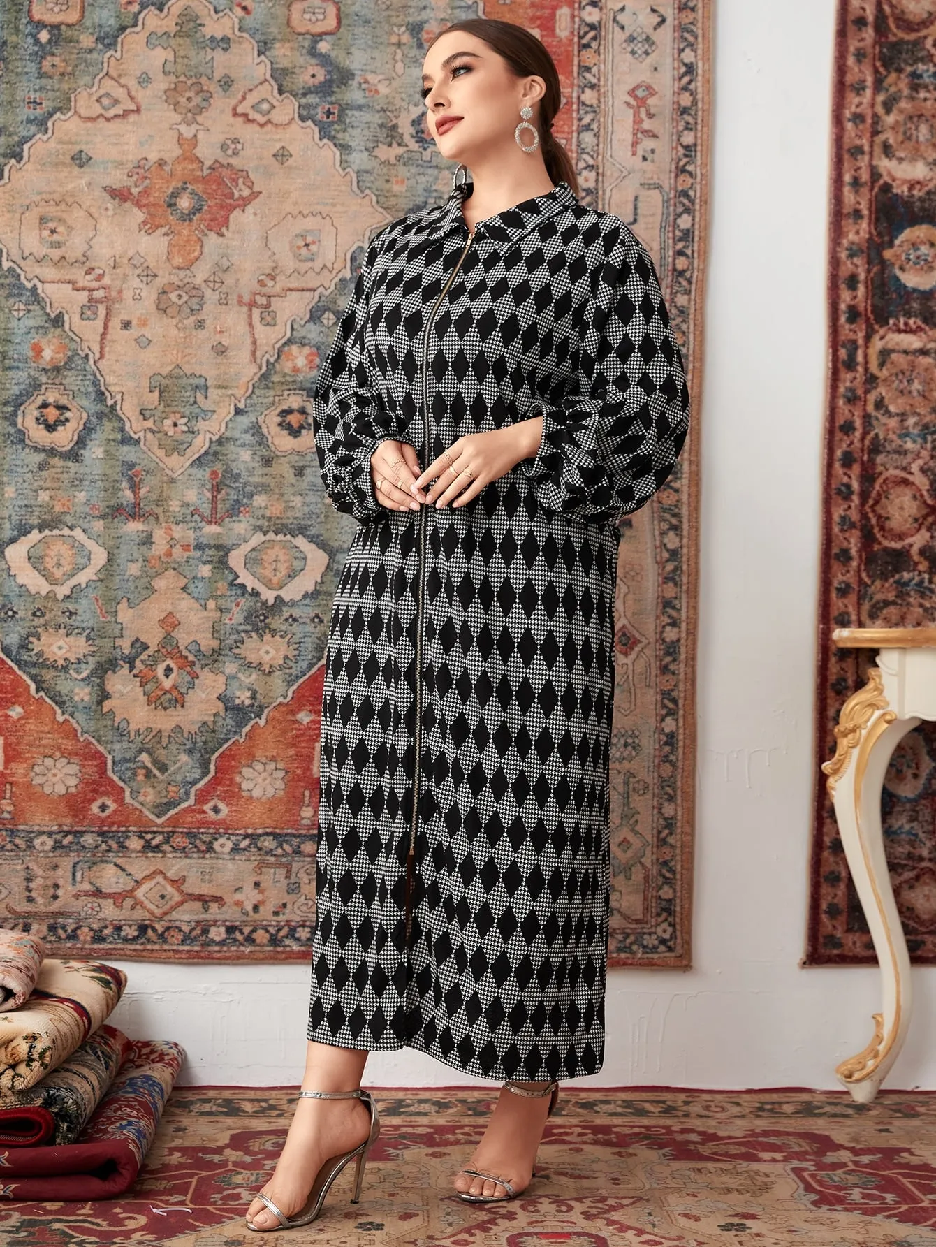 Houndstooth Belted Long Sleeve Collar Long Plus Size Winter Coat