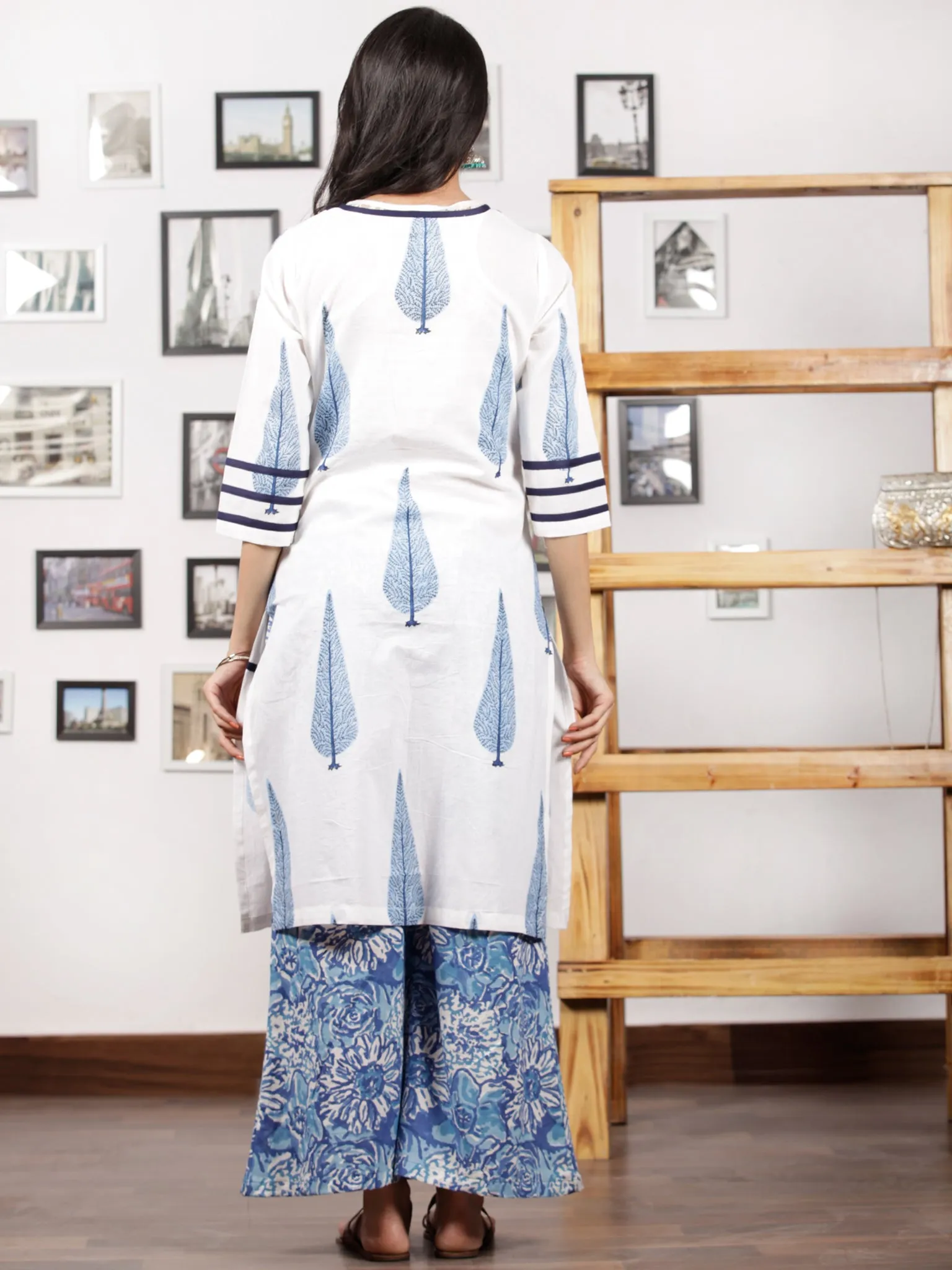 Indigo Blue White Hand Block Printed Semi Elasticated Waist Pleated Cotton Culottes  - P11F1498