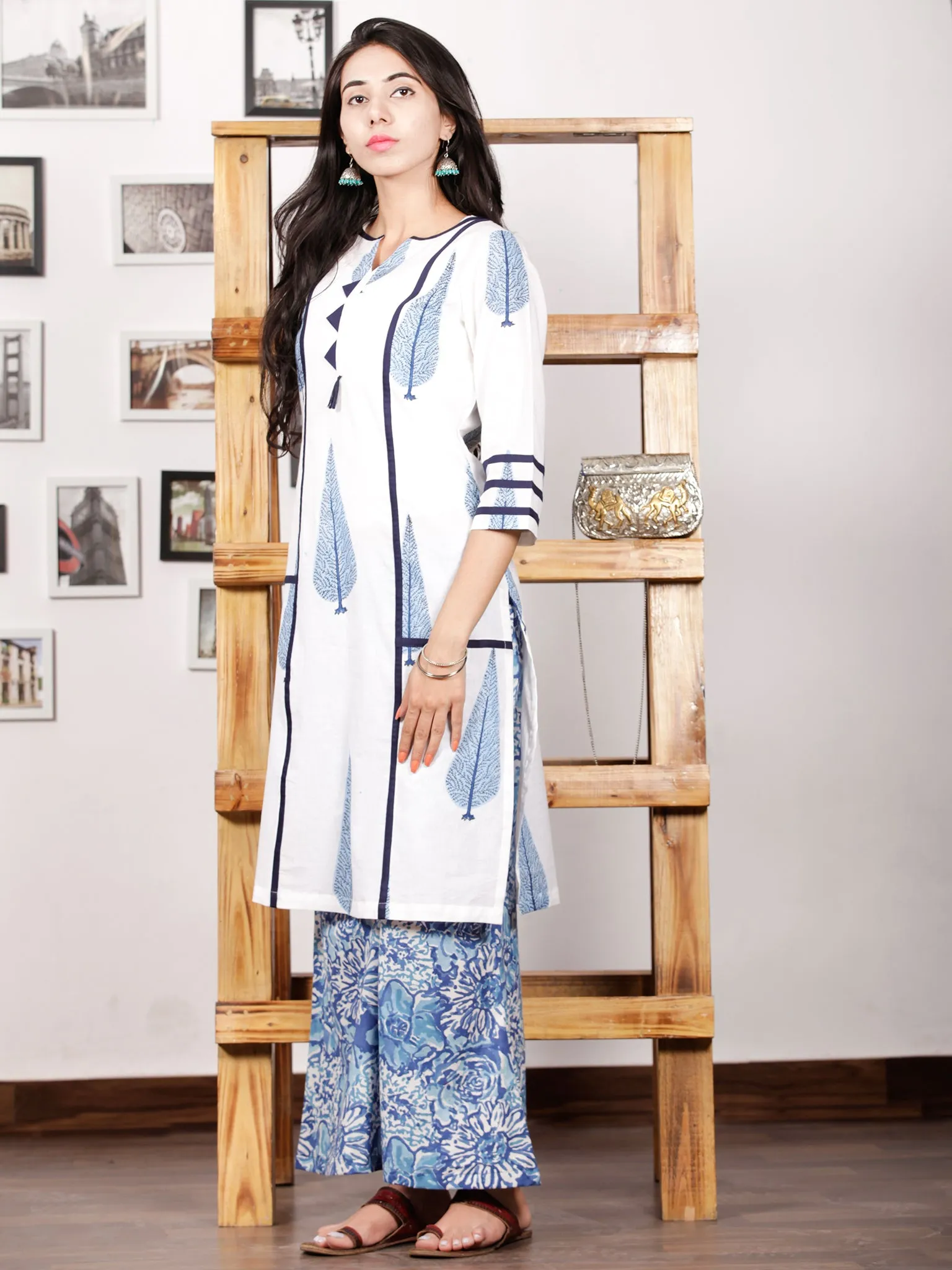 Indigo Blue White Hand Block Printed Semi Elasticated Waist Pleated Cotton Culottes  - P11F1498