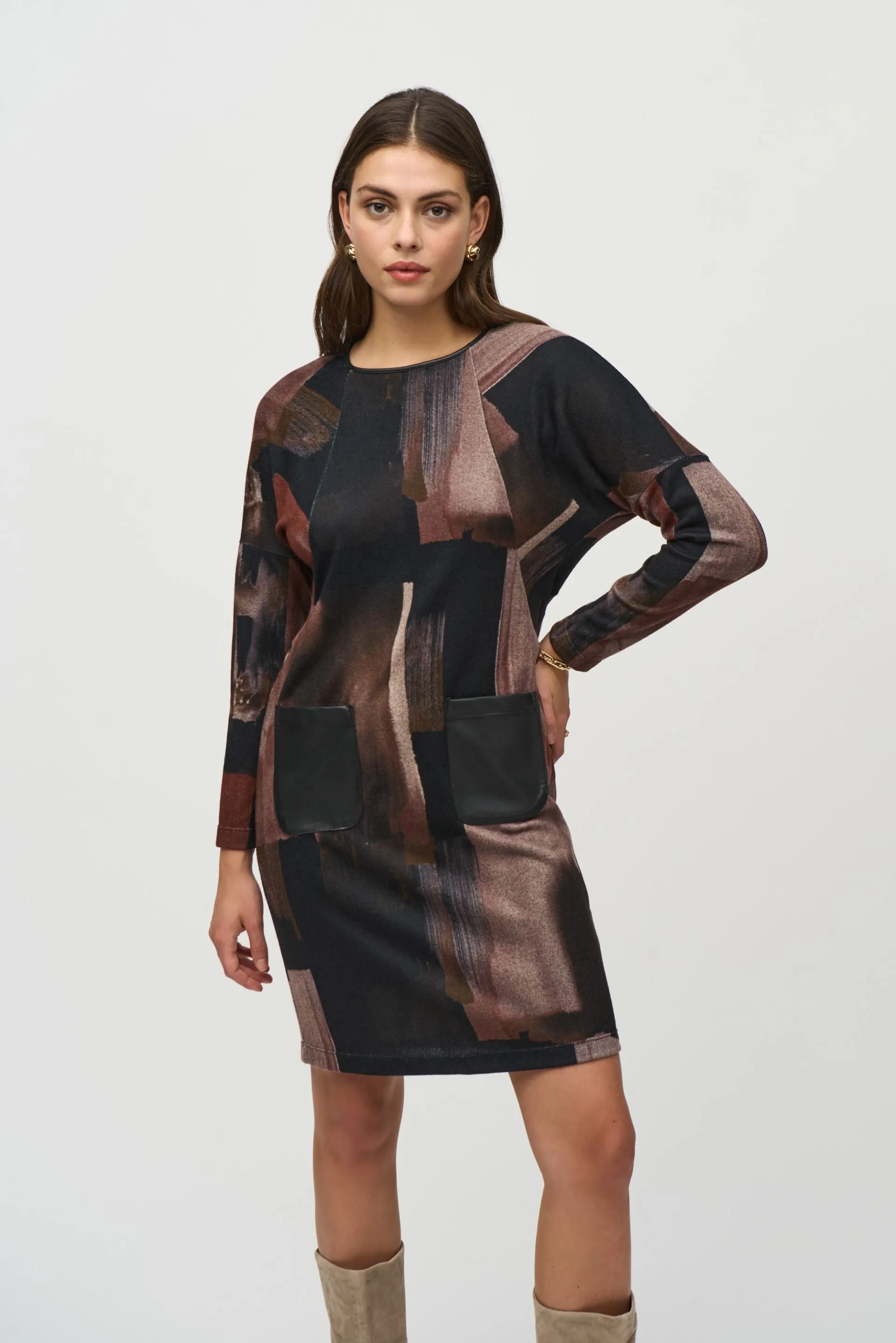 Joseph Ribkoff Multi Abstract Print Dolman Sleeve Shift Dress 244123