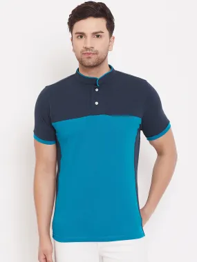 JUMP USA Men Colourblocked Ocean Blue Polo T-shirt