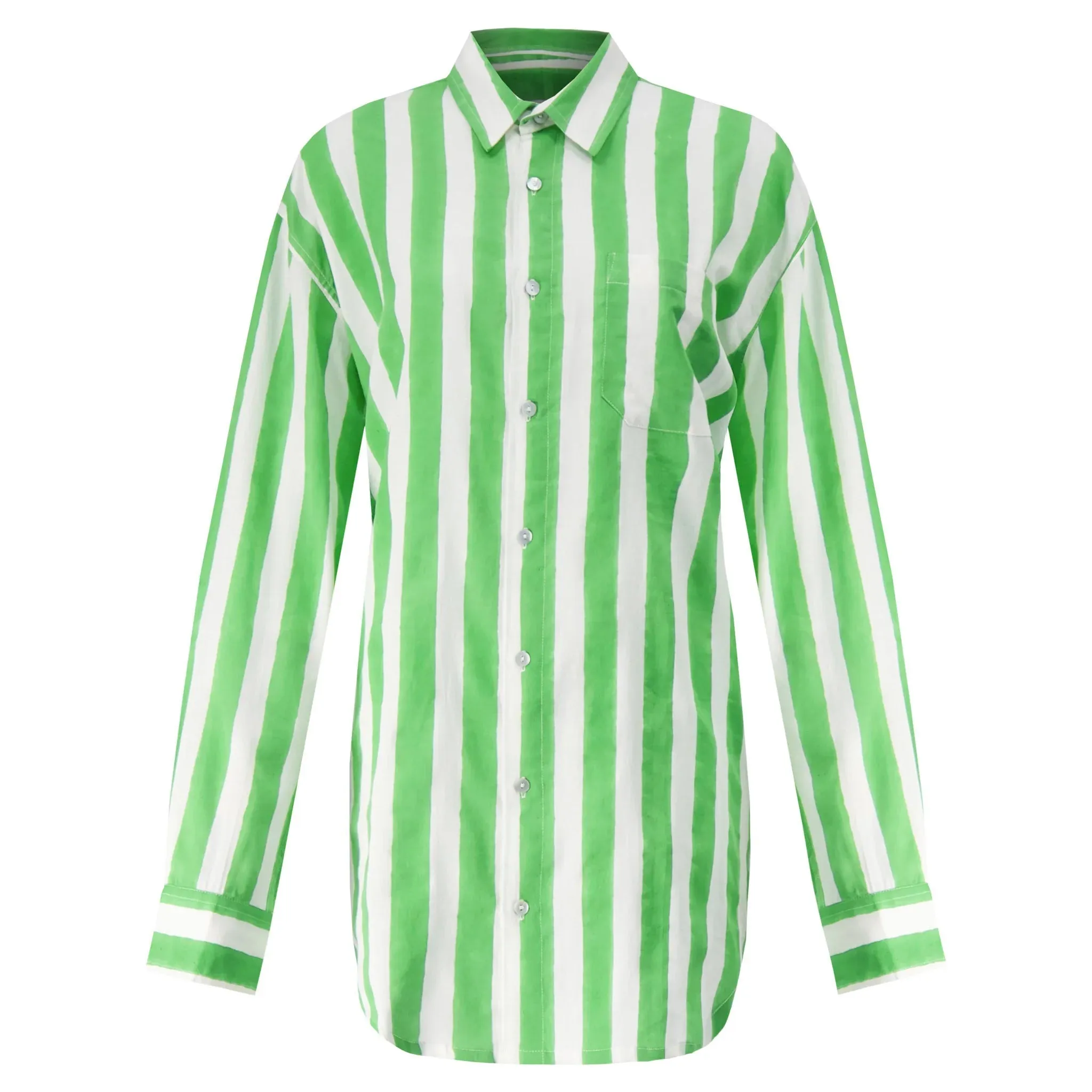 Kate Austin Designs Claude Shirt (Green and White Cabana Stripe)