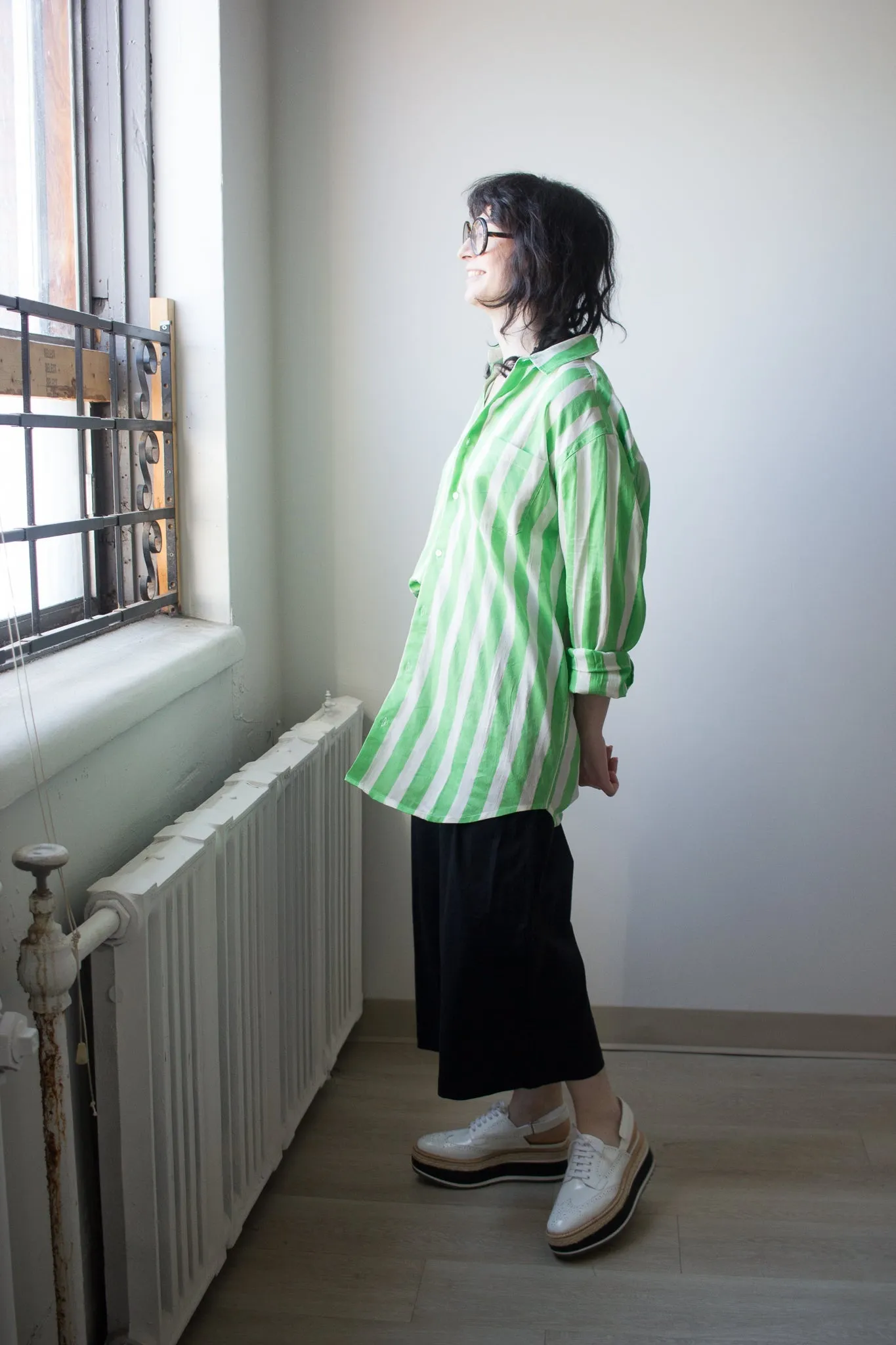 Kate Austin Designs Claude Shirt (Green and White Cabana Stripe)