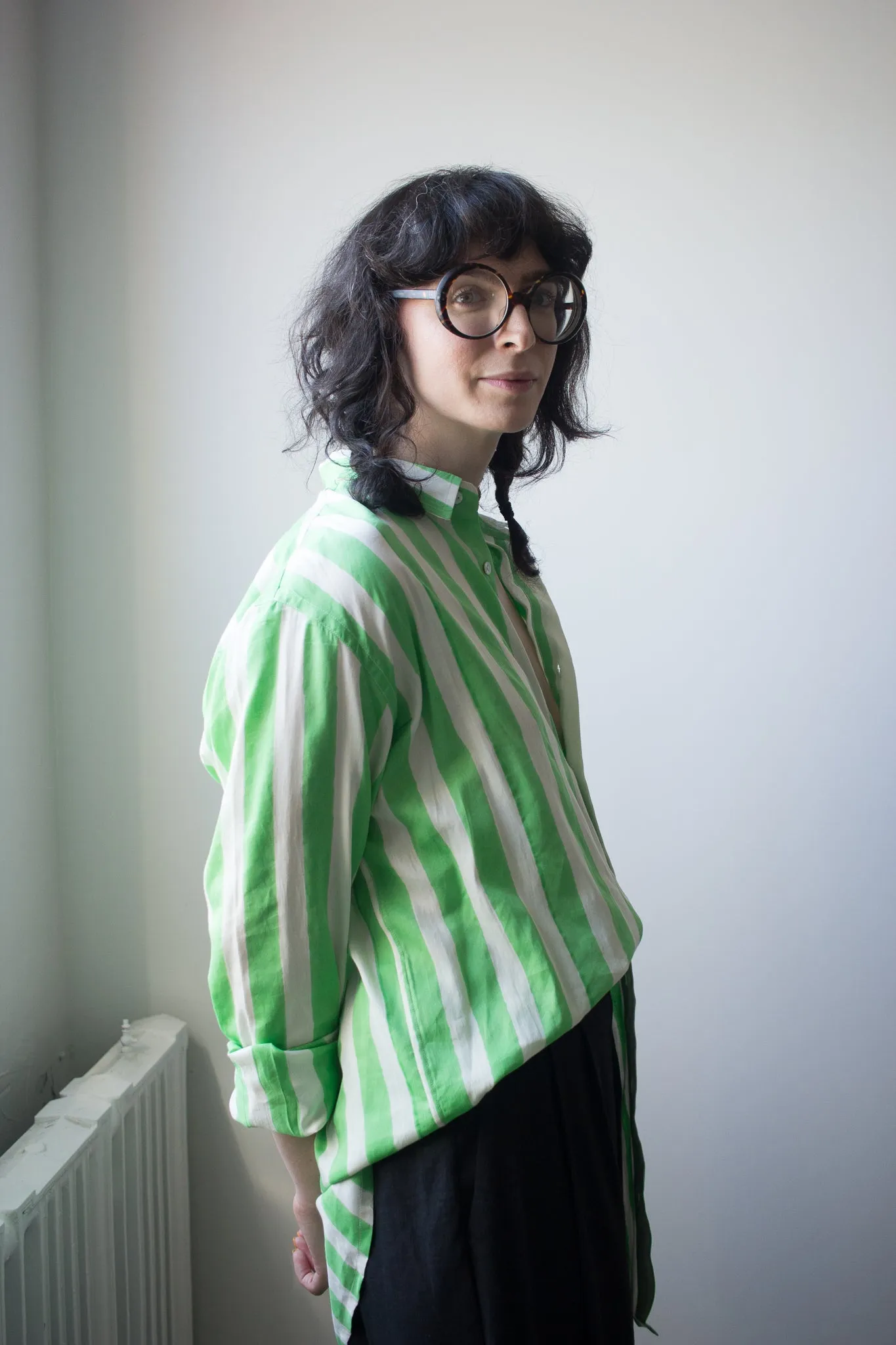 Kate Austin Designs Claude Shirt (Green and White Cabana Stripe)