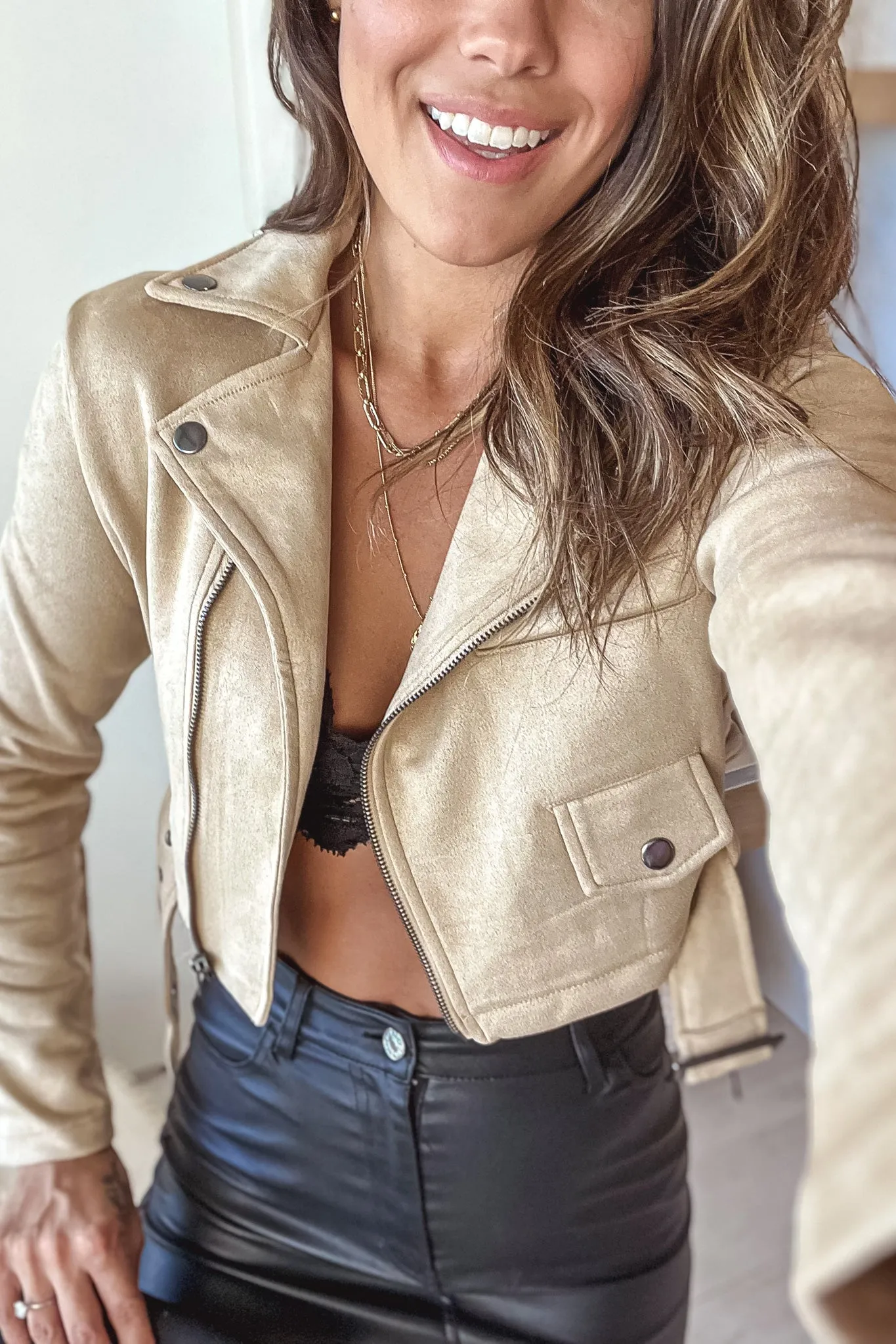 Khaki Belted Cropped Moto Jacket