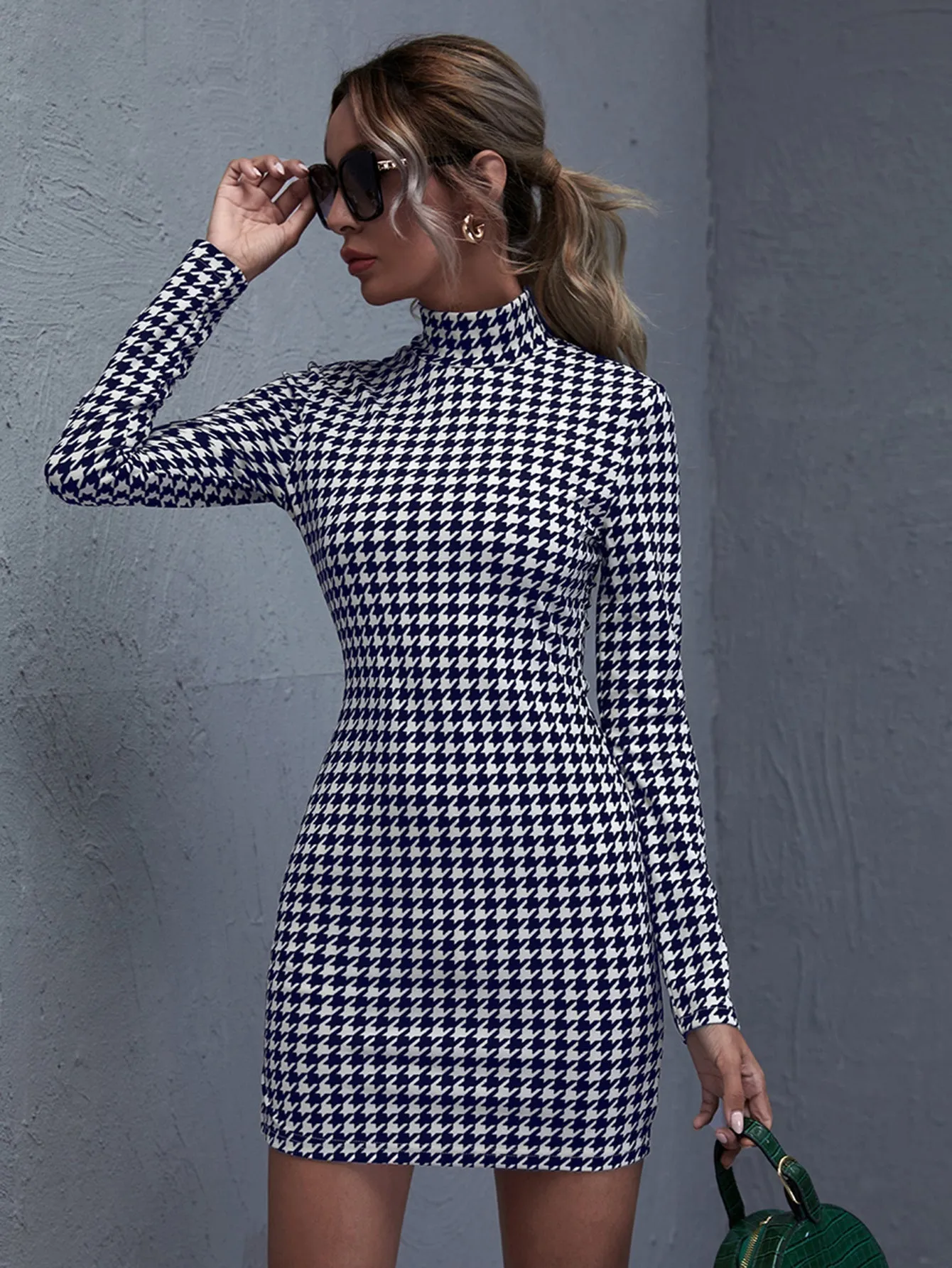 KittenAlarm - High Neck Gingham Print Split Bodycon Dress