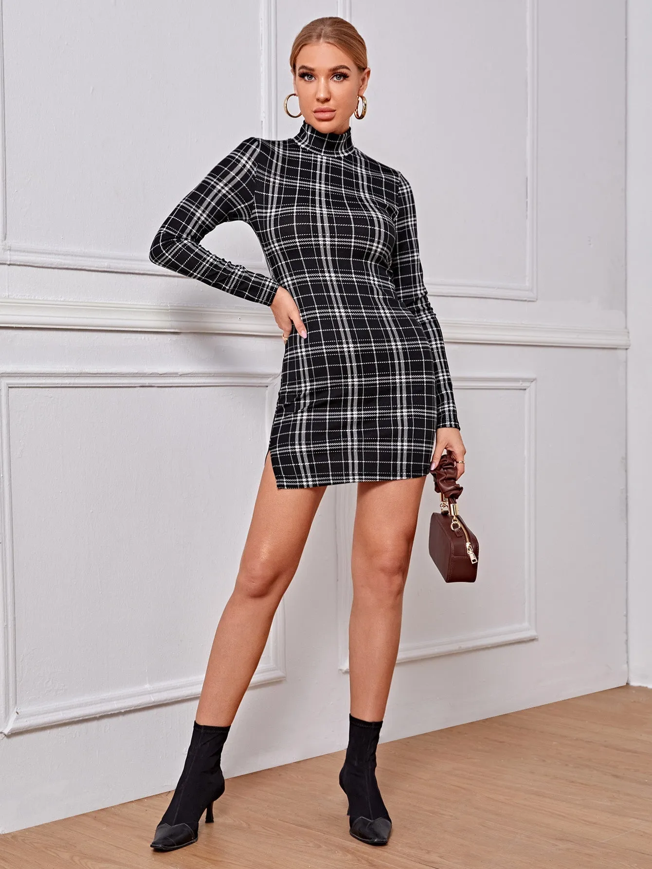 KittenAlarm - High Neck Gingham Print Split Bodycon Dress