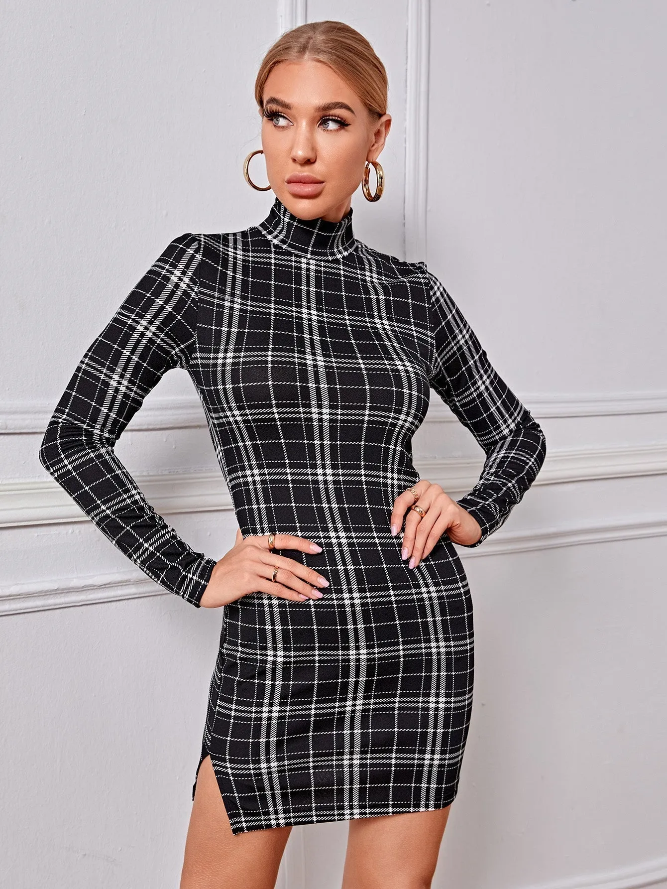 KittenAlarm - High Neck Gingham Print Split Bodycon Dress