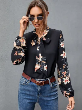 KittenAlarm - Tie Neck Floral Print Blouse