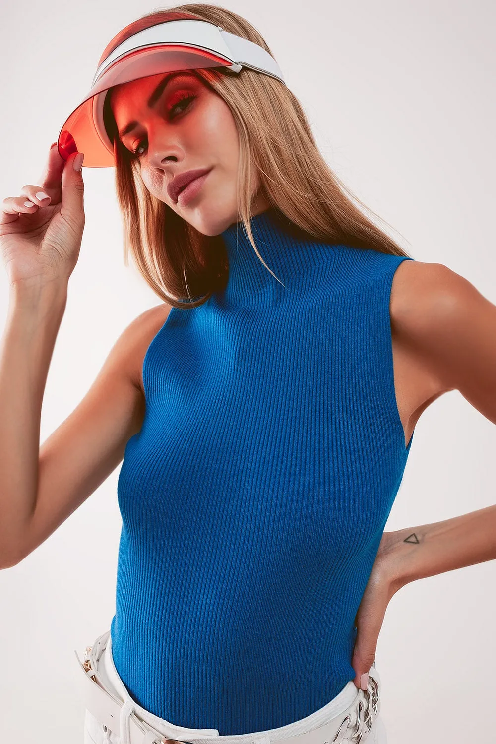 Knitted High Neck Top in Blue