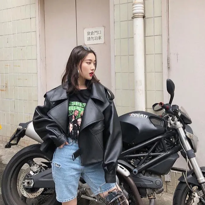 [Korean Style] Ariels Cropped Faux Leather Jacket