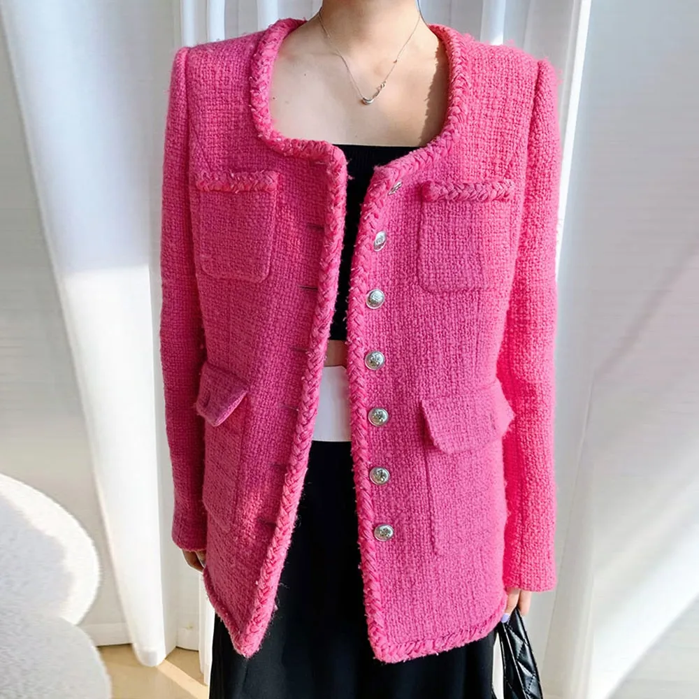 Korean Tweed Jacket For Women Round Neck Long Sleeve Single Breasted Solid Jackets Female Clothing Autumn Fashion