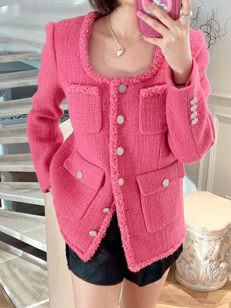 Korean Tweed Jacket For Women Round Neck Long Sleeve Single Breasted Solid Jackets Female Clothing Autumn Fashion