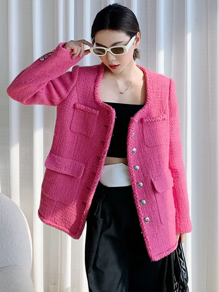 Korean Tweed Jacket For Women Round Neck Long Sleeve Single Breasted Solid Jackets Female Clothing Autumn Fashion