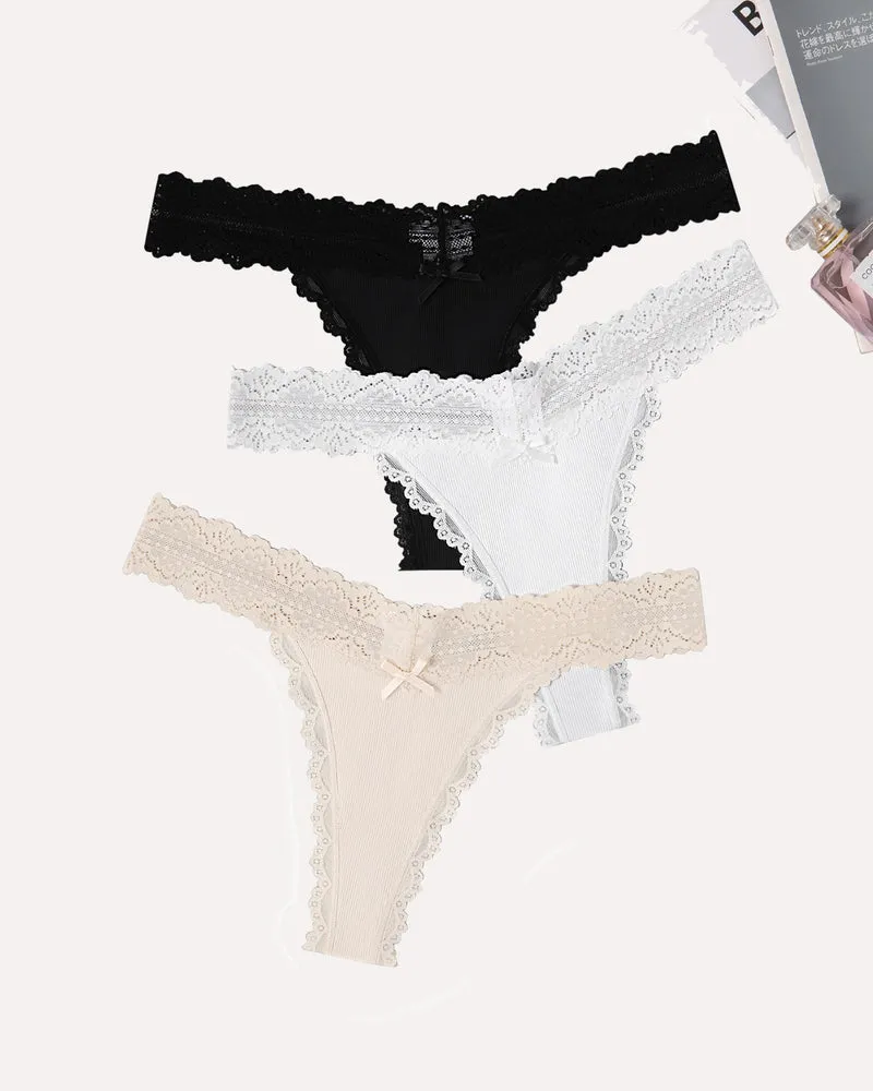 Lace Waist Thongs Ribbed T Back Panties