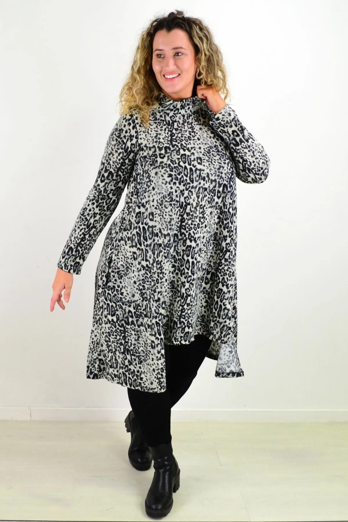 Leopard Print Fleece Tunic Dress