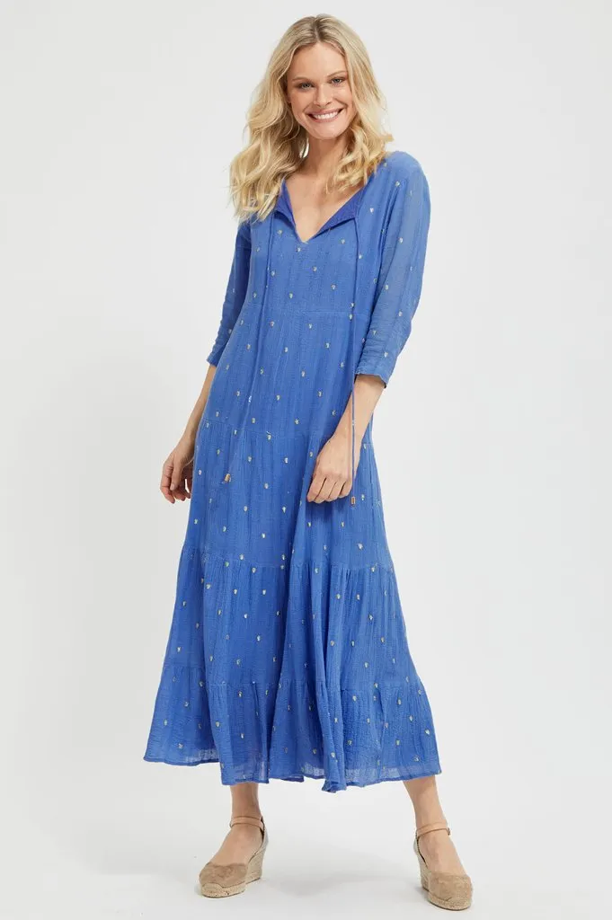 Marina Blue Crystal Organic Cotton Embroidered Midi Dress