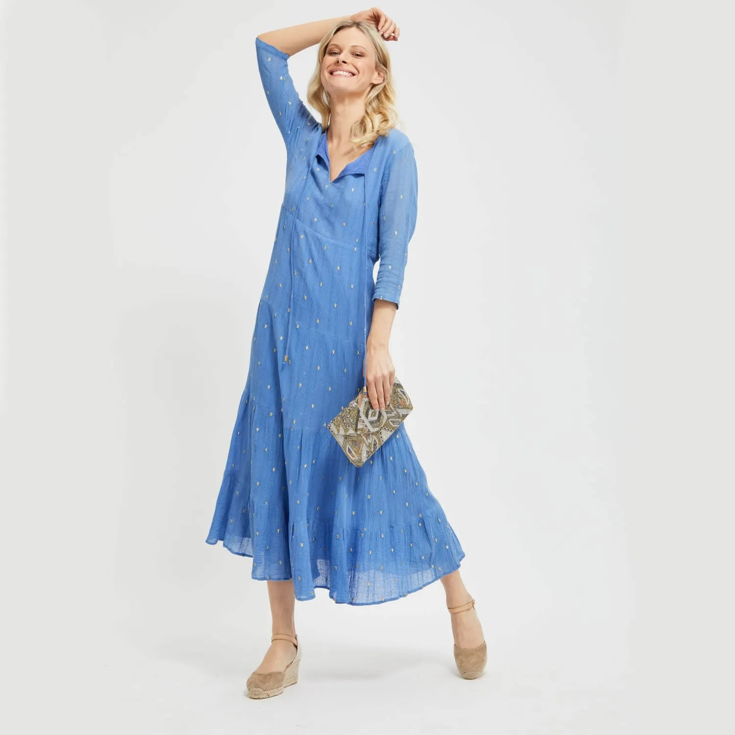 Marina Blue Crystal Organic Cotton Embroidered Midi Dress