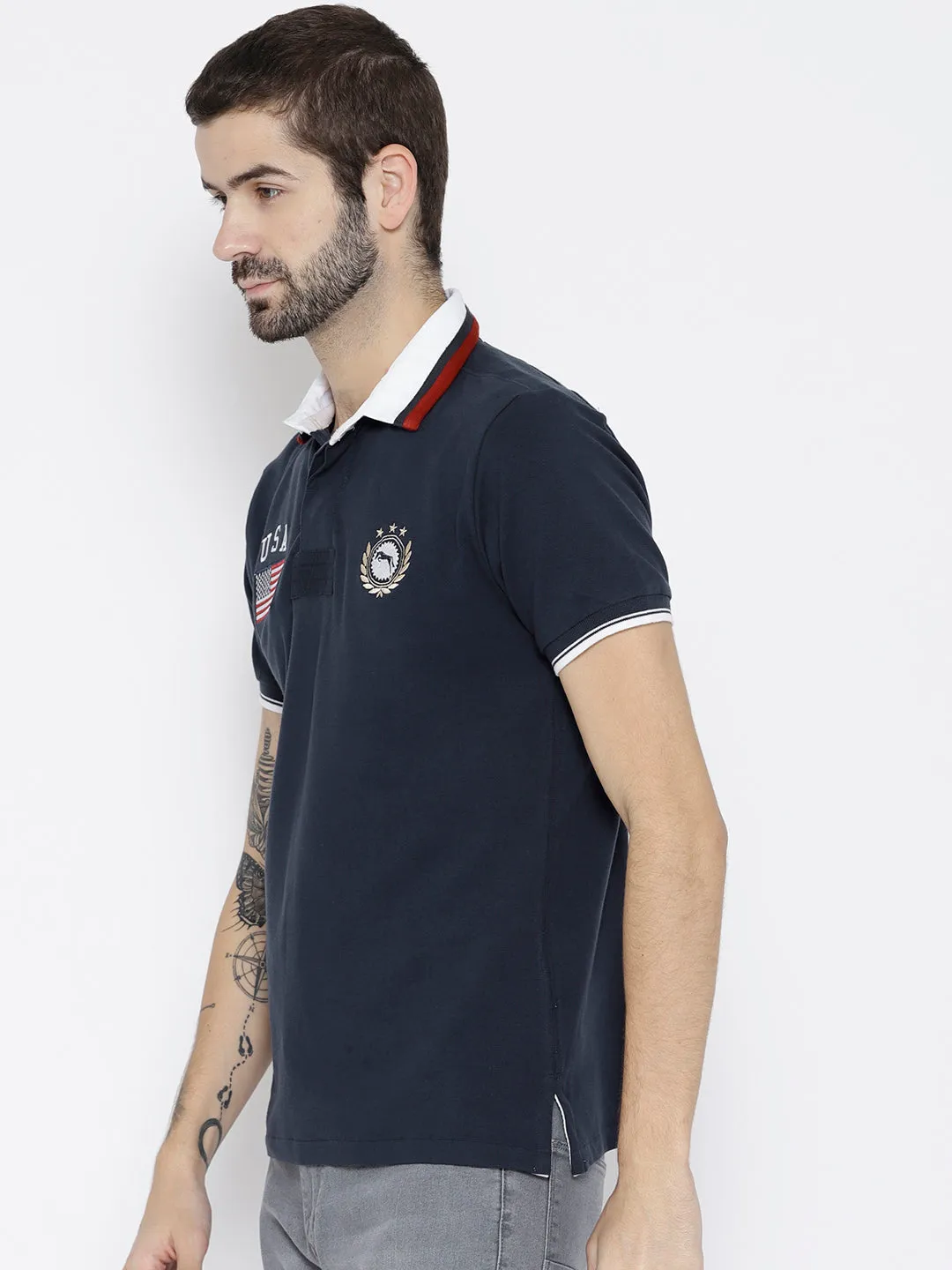 Men Navy Blue Solid Polo Collar T-shirt