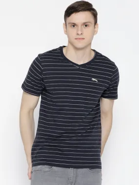 Men Navy Blue Striped V-Neck T-shirt