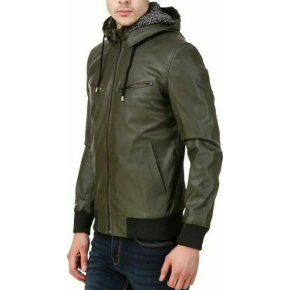 Men Zipper Green Leather Jacket