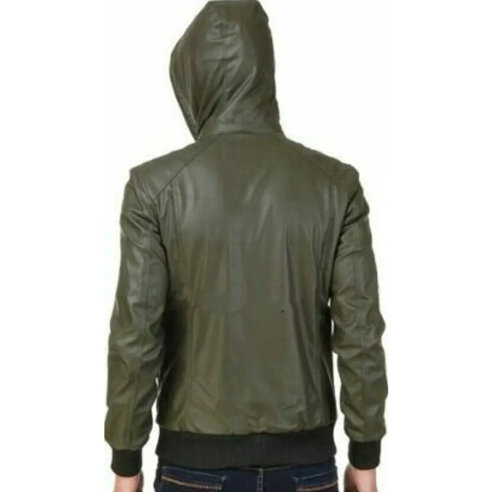 Men Zipper Green Leather Jacket