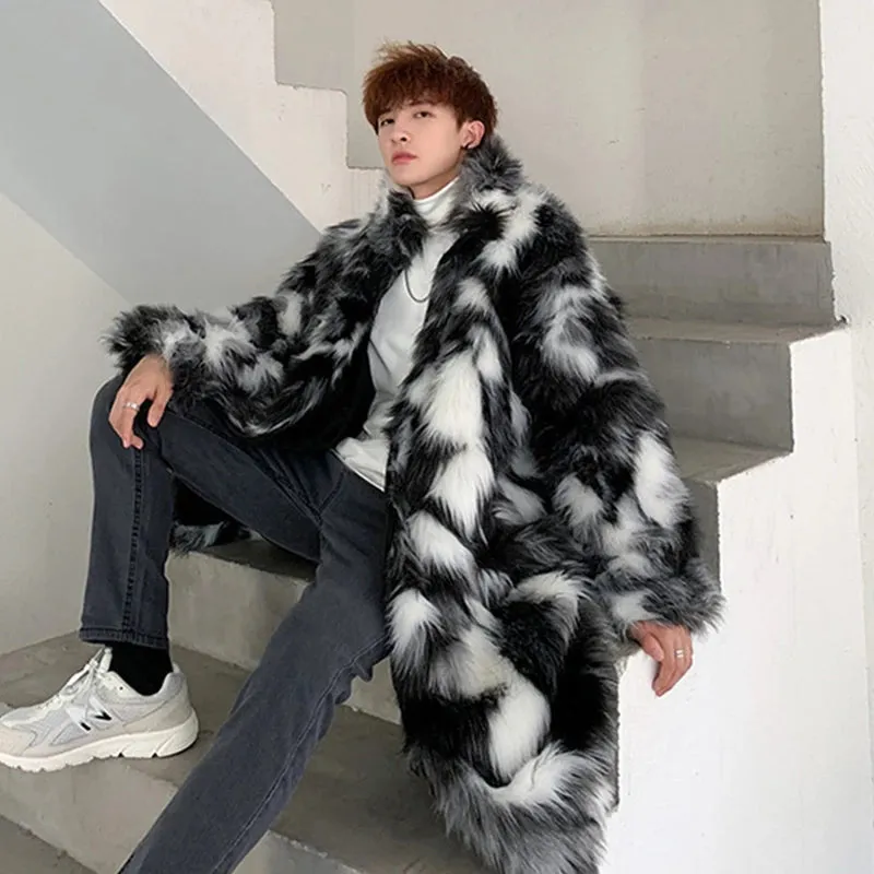 Men's Long Coat Wear New Trendy Faux Fur Cotton-padded Fitwarm Windproof Cloak Hip Hop Trendy Contrast Color  9Y358