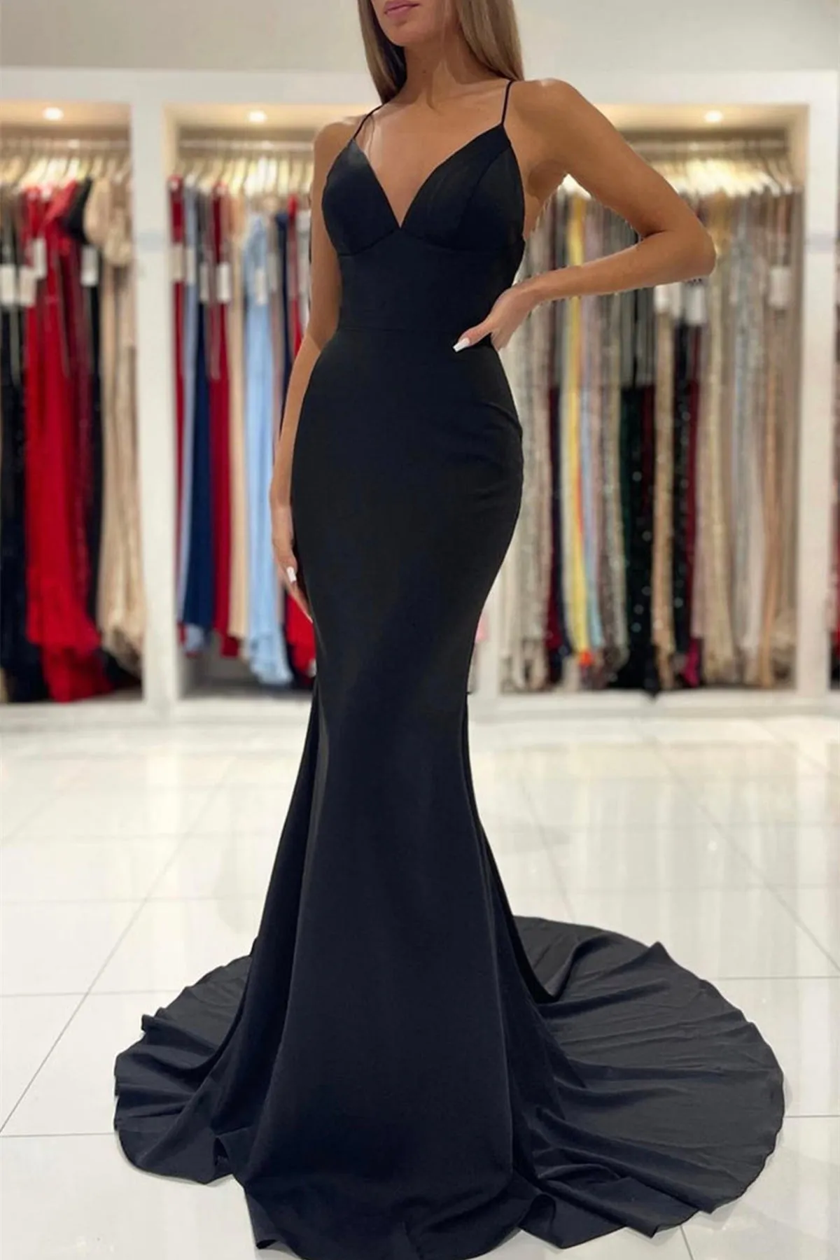 Mermaid V Neck Backless Black Long Prom Dress, Mermaid Black Formal Graduation Evening Dress A1466