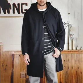 Navy Blue Wool Hooded Coat - Warm Tweed Long Jacket - Casual Overcoat