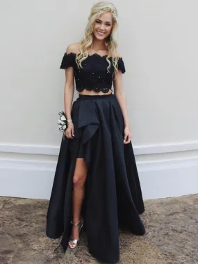 Off Shoulder Two Pieces Lace Top Long Black Prom with Split, High-Low Two Pieces Lace Black Formal, Black Lace Evening