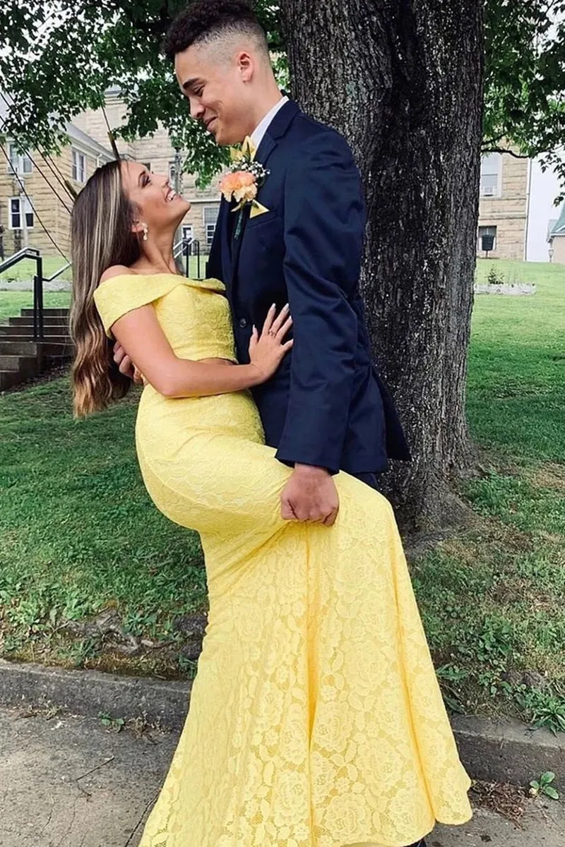 Off Shoulder Two Pieces Mermaid Lace Yellow Long Prom Dress, Off Shoulder Mermaid Yellow Lace Formal Graduation Evening Dress