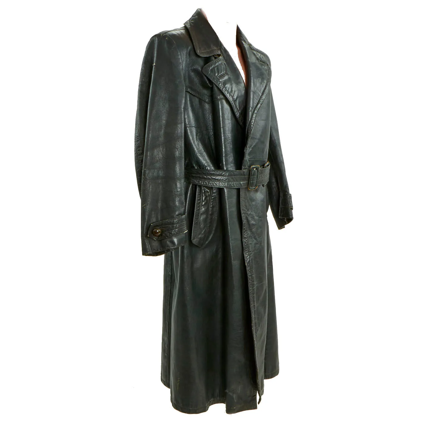 Original German WWII Officer Black Leather Greatcoat by Striwa