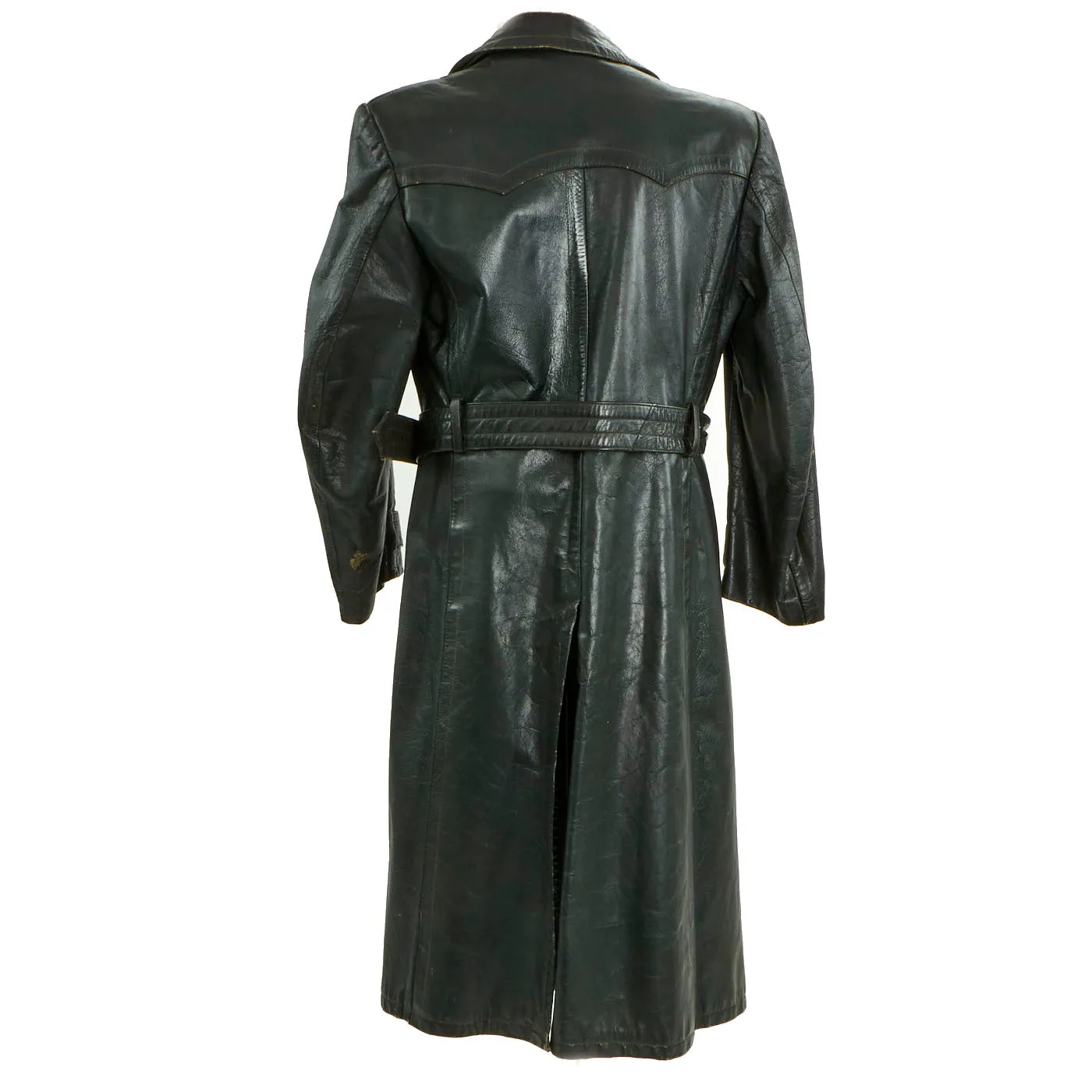 Original German WWII Officer Black Leather Greatcoat by Striwa