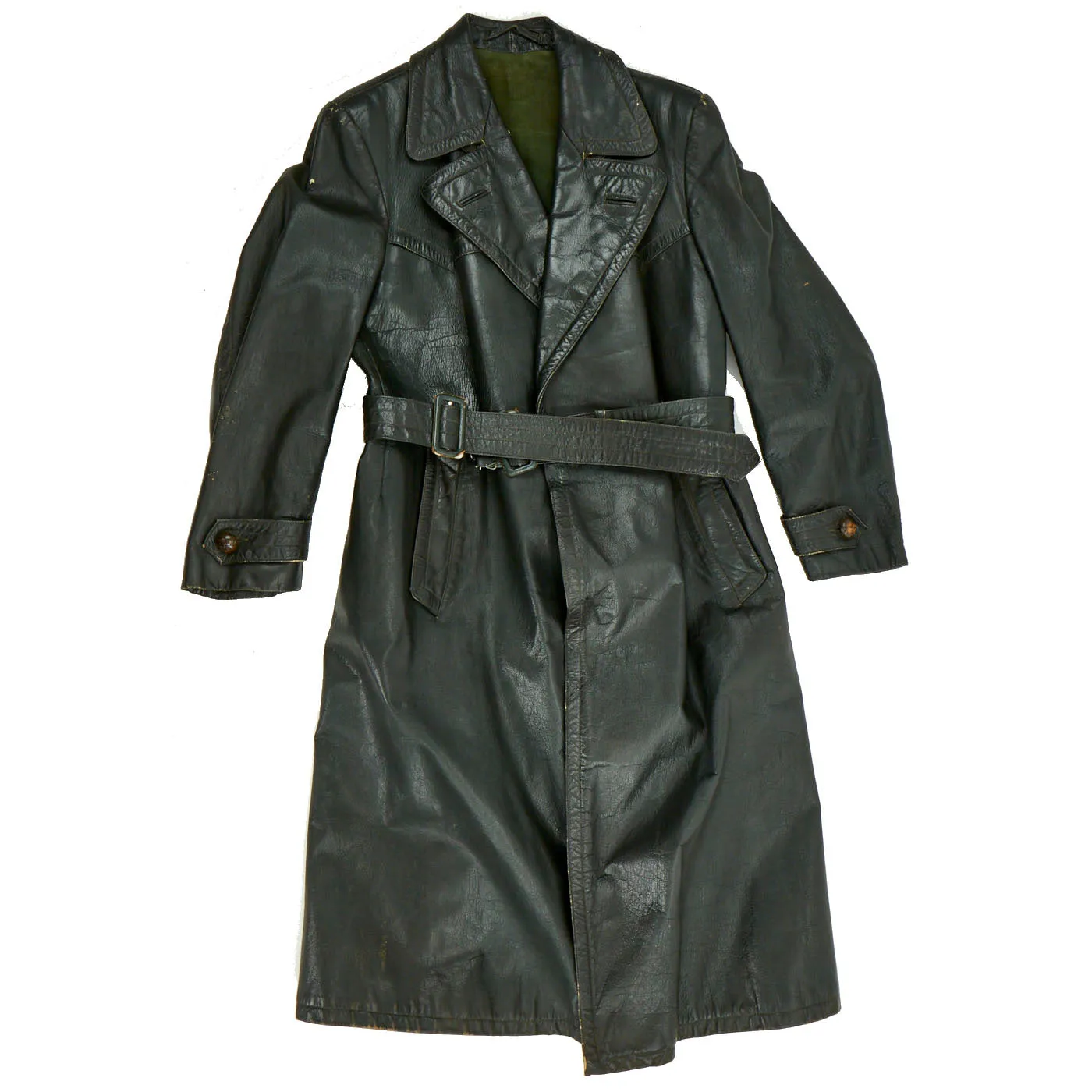 Original German WWII Officer Black Leather Greatcoat by Striwa