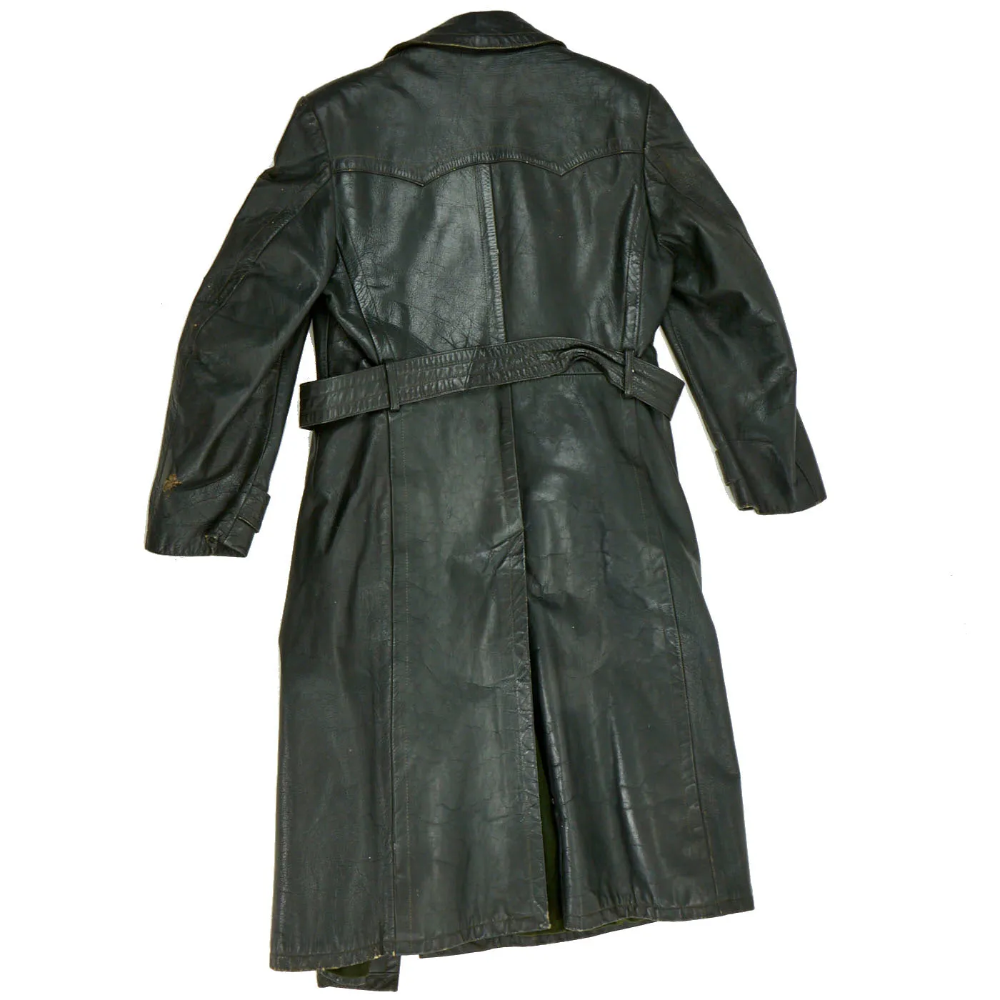 Original German WWII Officer Black Leather Greatcoat by Striwa