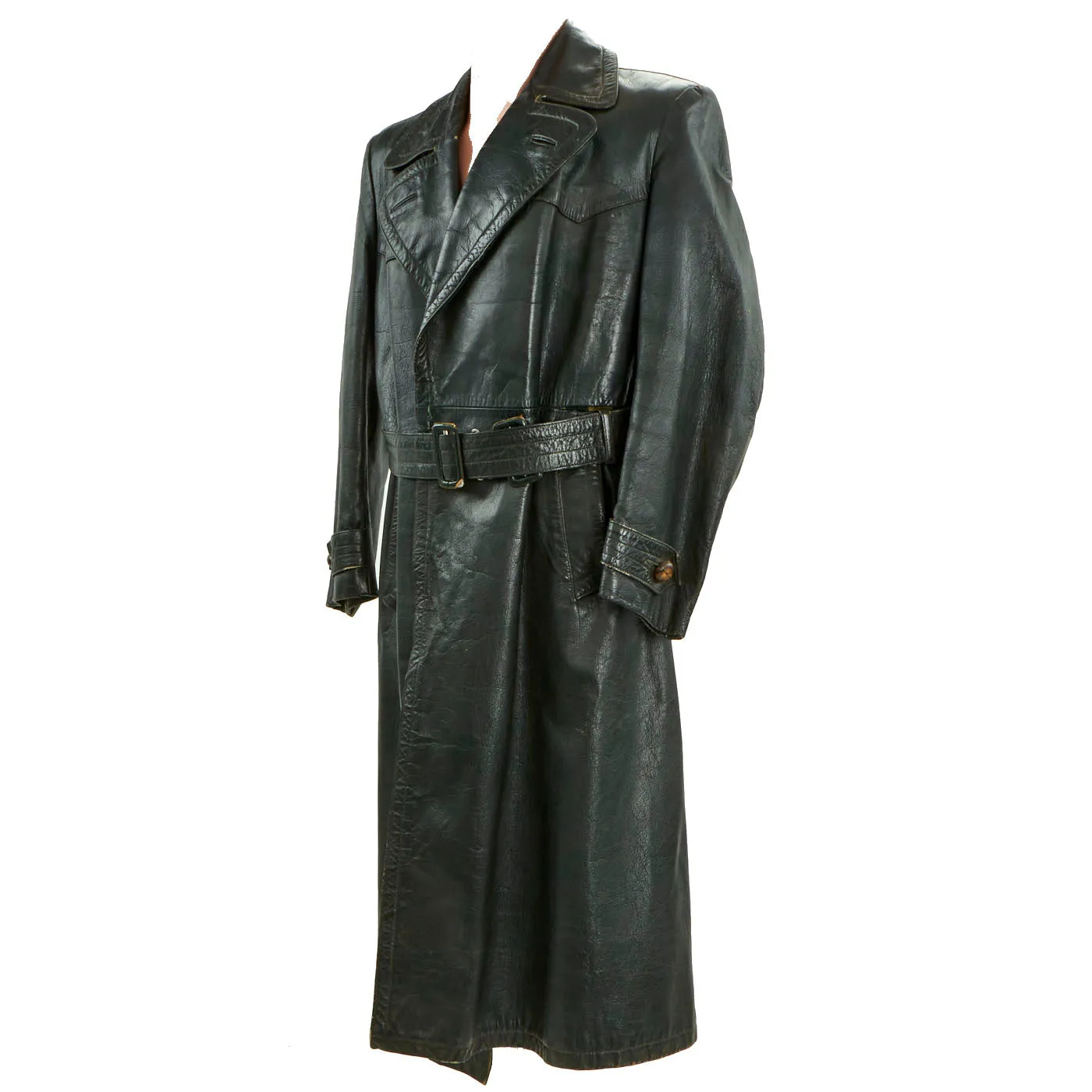 Original German WWII Officer Black Leather Greatcoat by Striwa