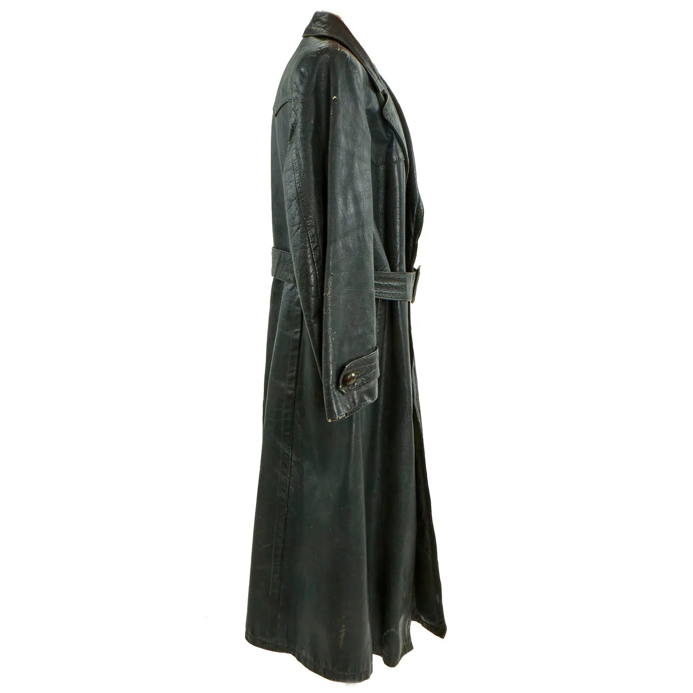 Original German WWII Officer Black Leather Greatcoat by Striwa