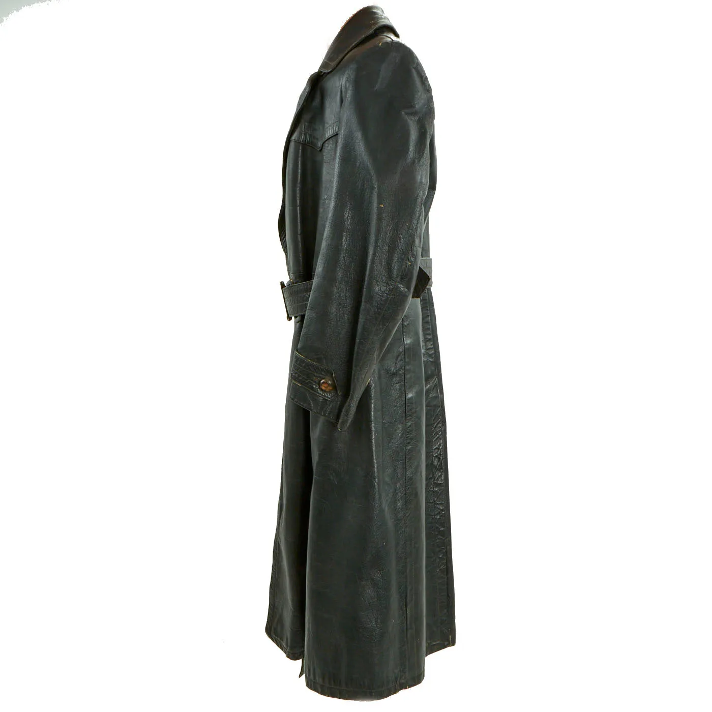 Original German WWII Officer Black Leather Greatcoat by Striwa